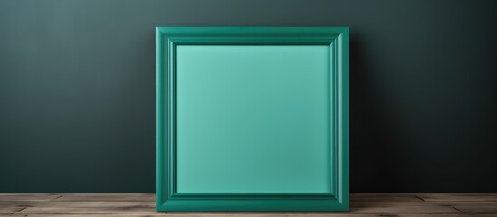 A green picture frame is standing on a wooden floor, creating a simple yet elegant visual contrast. The frame is empty, inviting the viewer to imagine what could be displayed within it.
