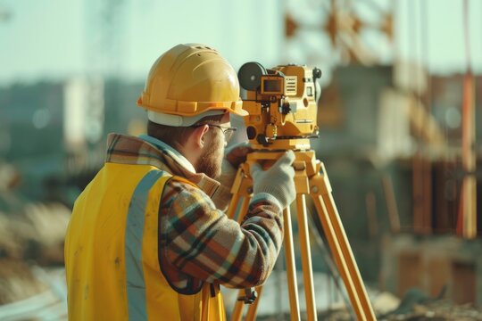 Construction worker using tripod, ideal for safety equipment concepts