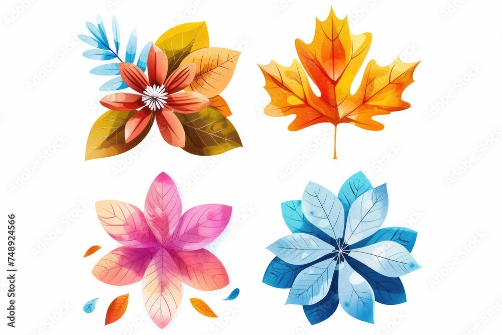 Poster set of four different colored leaves on a white background. perfect for nature or autumn-themed desi
