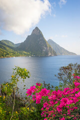 Stunning view of the Pitons (Petit Piton & Gros Piton). from an elevated viewpoint with the...