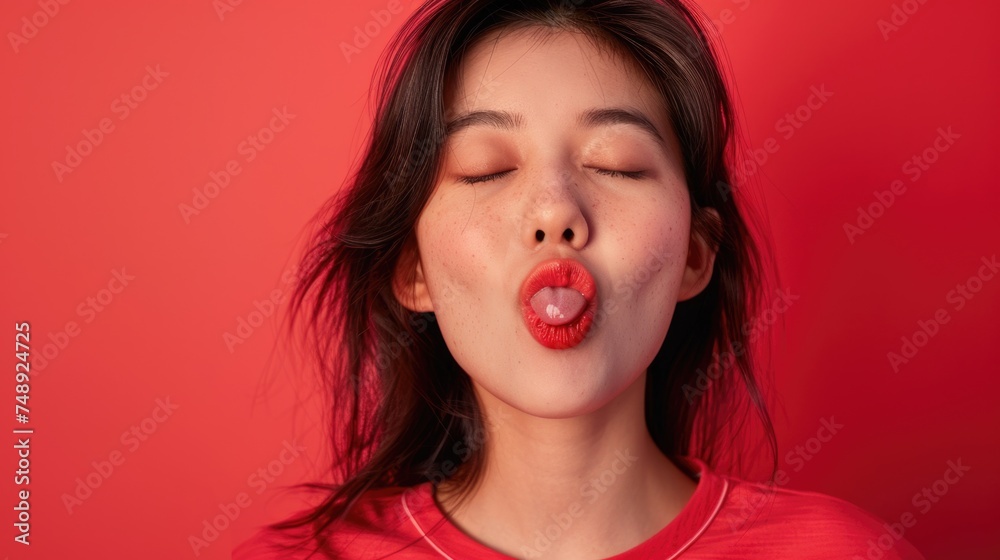 Poster Woman sticking out her tongue, playful expression. Suitable for humor and emotions concepts