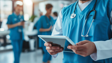 Medizinischer Fachmann mit Stethoskop und Tablet in seinen Händen in einem Krankenhaus, Konzept für Digitalisierung in Krankenhäusern - obrazy, fototapety, plakaty