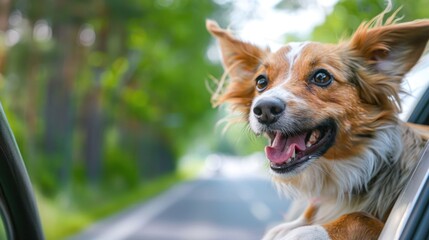 A dog poking its head out of a car window. Suitable for pet and travel themes