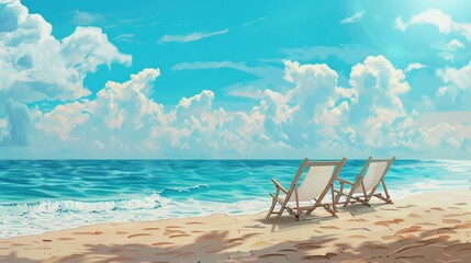 Two beach chairs on a sandy beach, perfect for travel brochures or vacation websites