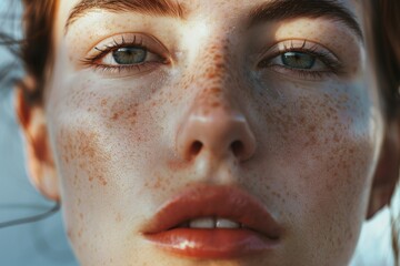 Close up portrait of a woman with freckles. Perfect for beauty and skincare concepts