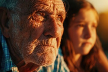 A close up of an old man and a young girl. Suitable for family and generational themes