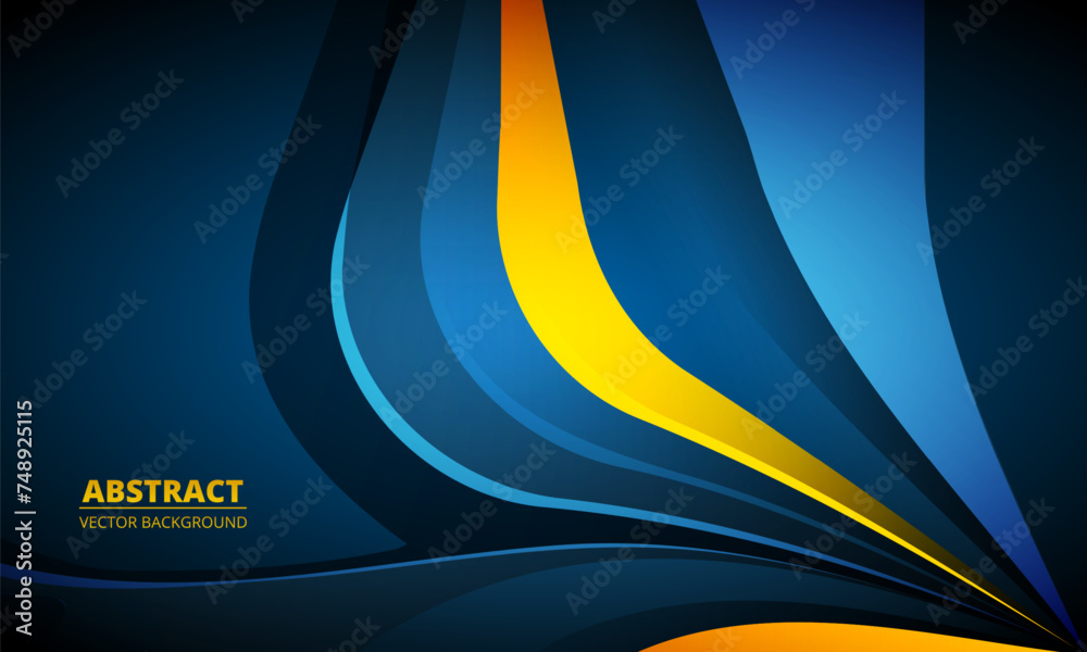 Poster Abstract dark blue minimal background with yellow and blue colored dynamic wave shapes. Graphic design background template with curve shapes. Vector illustration