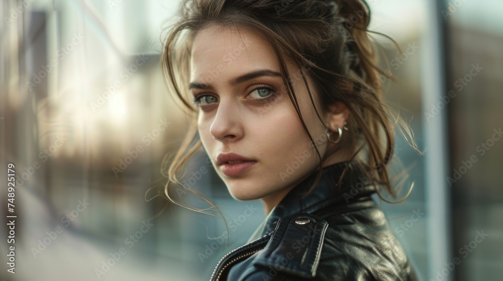 Poster a woman in a leather jacket looking directly at the camera. suitable for various concepts