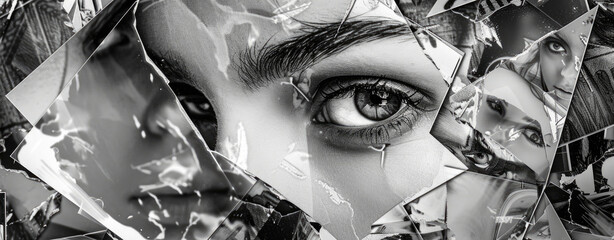 A striking black and white image of a woman's face seen through a shattered mirror. Perfect for conceptual or abstract designs - obrazy, fototapety, plakaty