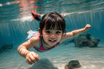 An Asian toddler swimming underwater in the beautiful ocean