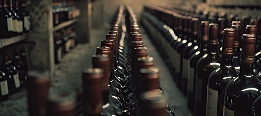 Black wine bottles lined up and stacked on shelves in a luxury private collection collectible wine store. AI generated illustration - obrazy, fototapety, plakaty
