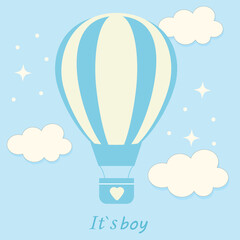 Baby shower, it is boy, hot air balloon with clouds for kids design in pastel colors. Cute illustration in realistic style.