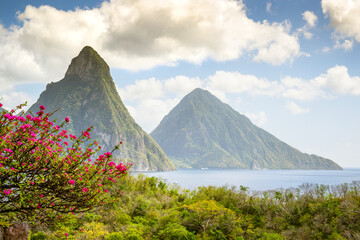 Stunning view of the Pitons (Petit Piton & Gros Piton). from an elevated viewpoint with the rainforest and bay ..Soufriere,.Saint Lucia, .West Indies, Eastern Caribbean - obrazy, fototapety, plakaty