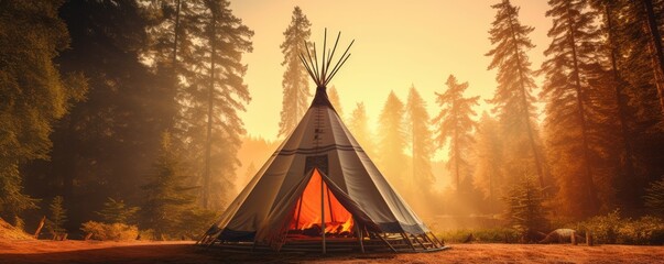 Perfect calm place in nauture for teepee place, perfect colorful light, banner. Generative Ai.