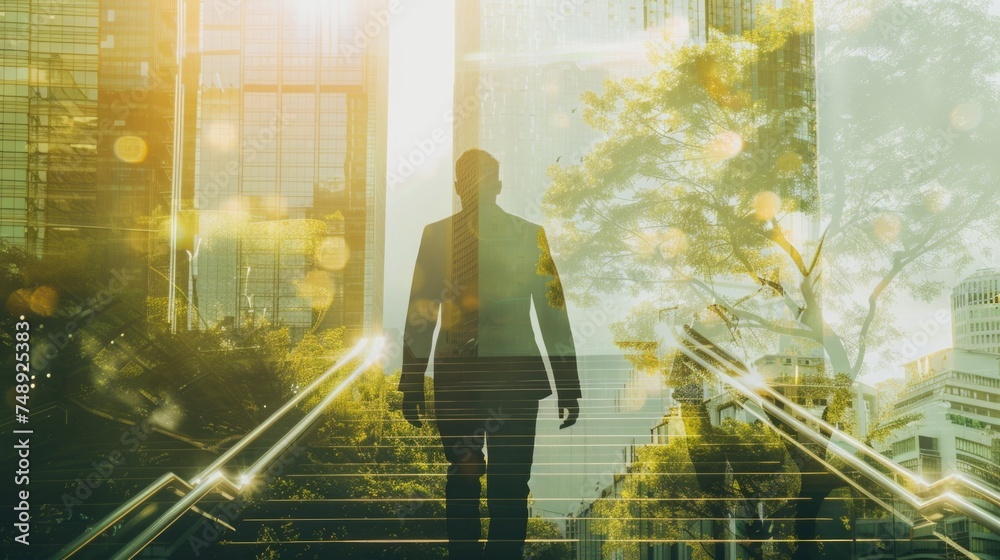 Poster a man in a suit walking up a flight of stairs. suitable for business and success concepts