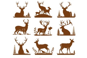 Obraz premium A group of deers and birds in a scenic field. Suitable for nature and wildlife themes