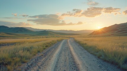 A scenic dirt road in a vast field, suitable for nature or travel concepts