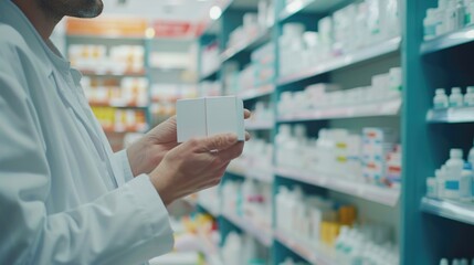 A man holding a box in a pharmacy store. Suitable for medical or health-related concepts