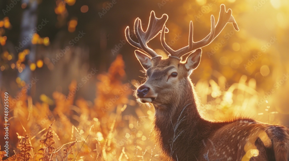 Sticker A deer standing in a field of tall grass. Perfect for nature and wildlife themes