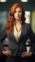 portrait of a happy smiling business woman with red hair in the office wearing a suit