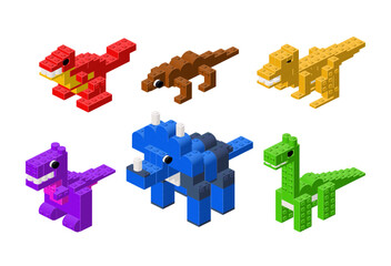 Set of toy dinosaurs in isometry. Vector