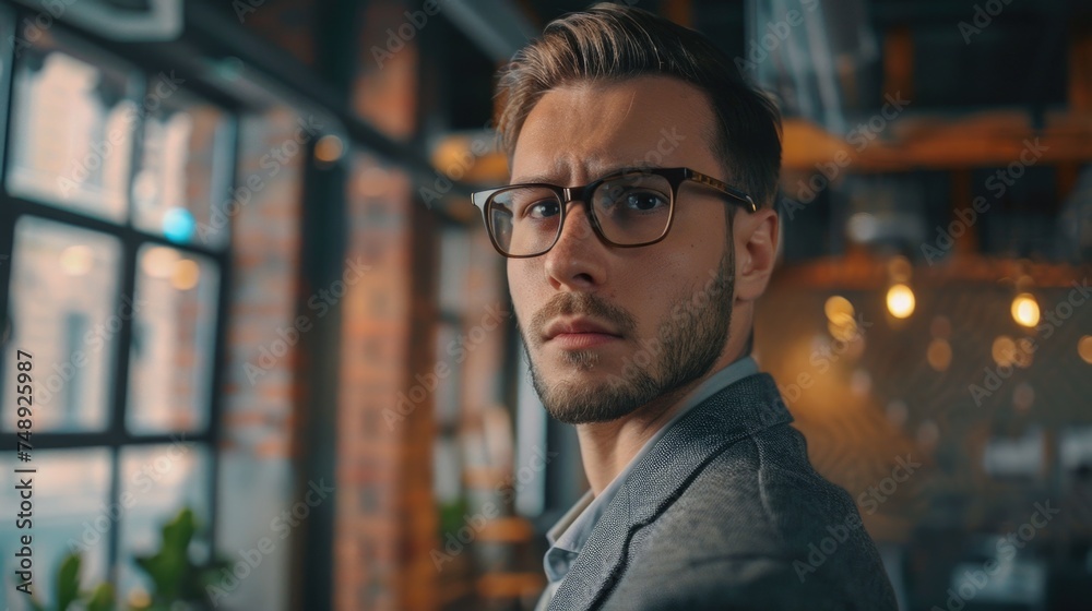Poster a man in a suit and glasses looking at the camera. suitable for business and professional concepts