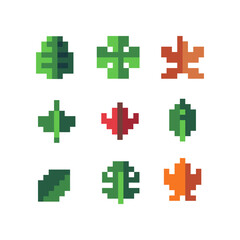 Green leaf pixel art icon, leaves eco plant logo. Isolated vector illustration. Game assets 8-bit sprite. Design for stickers,  print, web, t-shirt, stickers, logo, mobile app. 