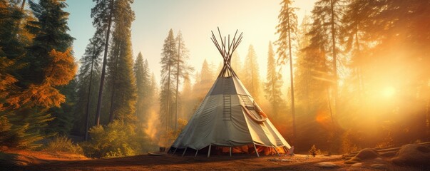 Perfect calm place in nauture for teepee place, perfect colorful light, banner. Generative Ai.