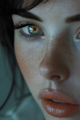 Close up detalle de rostro de una mujer joven con pelo negro, ojos hermosos y labios entreabiertos 