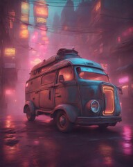 Abandoned Van Illuminated with Vibrant Lights, Showcasing Contrast of Decay and Creativity, Generative AI