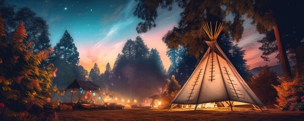 Teepee tent in the middle of calm nature with lot of high trees in the night, banner. Generative Ai.