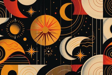 A black background featuring a pattern of sun, moon, and stars. Suitable for various design projects