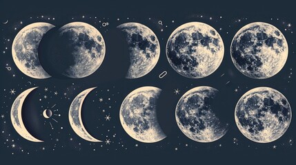 A series of different phases of the moon. Perfect for educational materials or science presentations