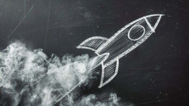A detailed chalk drawing of a rocket on a blackboard. Suitable for educational and science-themed projects