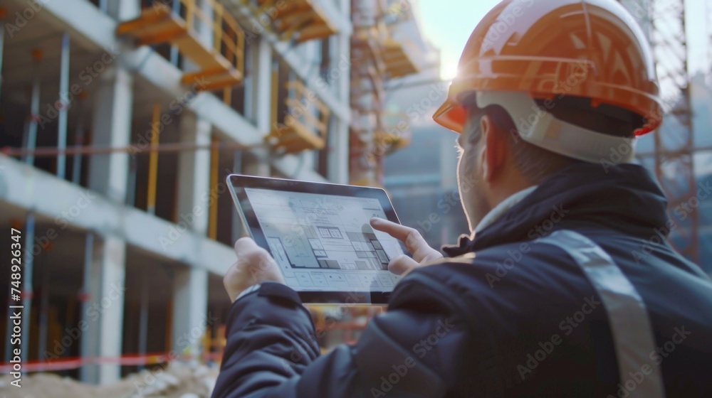 Aufkleber a man in a hard hat using a tablet computer. ideal for construction industry concepts