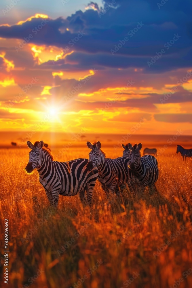 Poster a herd of zebras standing on a grass covered field. suitable for wildlife and nature concepts