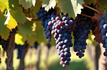 close-up, ripe bunch of blue grapes on a vine branch, summer vineyard, grape plantation, harvesting, wine production, sunny day