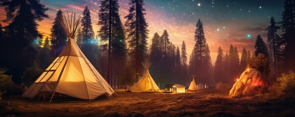 Teepee tent in the middle of calm nature with lot of high trees in the night, banner. Generative Ai.