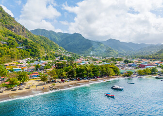 Aerial View of Soufriere Bay and Beach.Soufriere, Saint Lucia, .West Indies, Eastern Caribbean