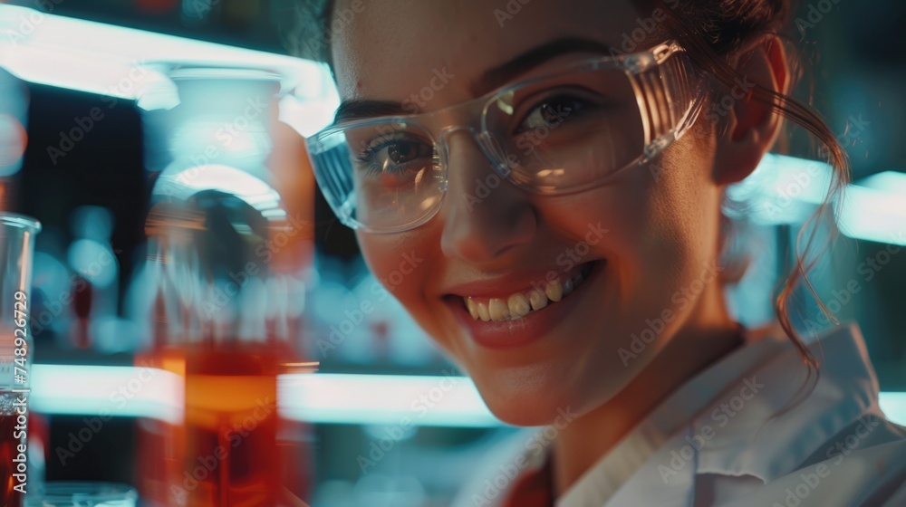Poster a woman in a lab coat holding a beaker filled with liquid. suitable for science and research concept