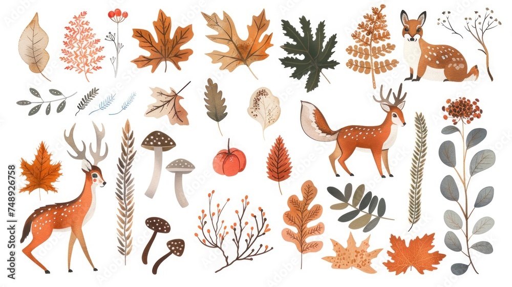 Poster a collection of different types of leaves and animals. suitable for various nature-themed projects
