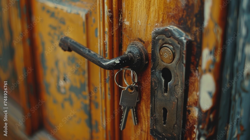 Aufkleber a close up of a door with a key, ideal for security concepts