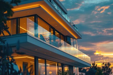 Modern building with glass balcony overlooking beautiful sunset. Perfect for real estate or travel concepts
