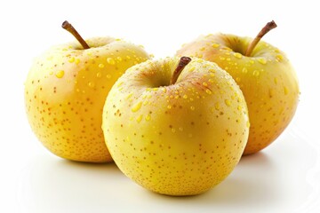 Ripe yellow apples with glistening water droplets. Perfect for food and nutrition concepts