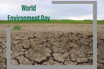 A cross on a cracked ground with the words world environment day. Drought water and climate crisis. 5 june world environment day