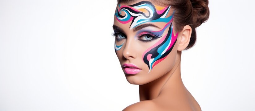 A woman with creative face art covering her face, showcasing vibrant colors and intricate designs. She looks directly at the camera, highlighting the detailed work on her skin.