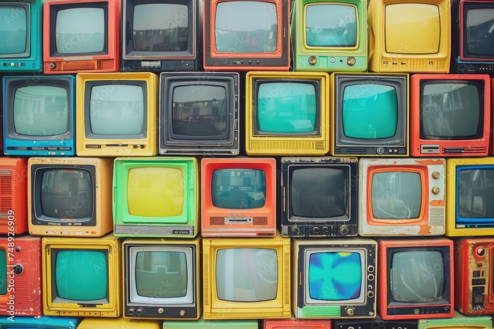 Poster a pile of televisions stacked on top of each other. perfect for technology or entertainment concepts