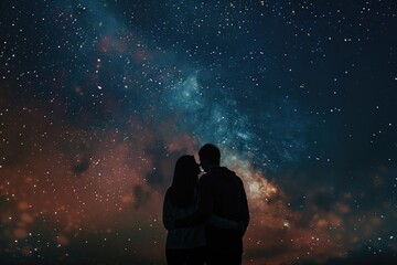 Fototapeta na wymiar A man and a woman standing under a sky full of stars. Suitable for romantic concepts