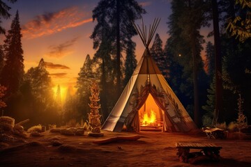 Teepee tent in the middle of calm nature with lot of high trees in the night. Generative Ai.