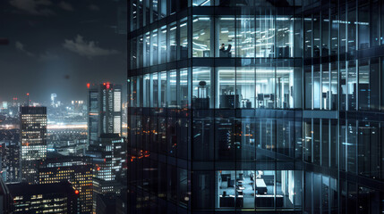 silhouette of a person standing inside a modern office with a backdrop of a vibrant cityscape at night, illuminated by the lights from skyscrapers and office buildings.